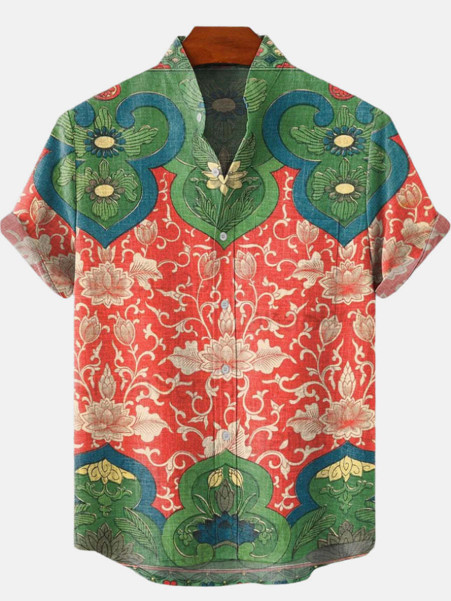 Cămașă bărbați vintage cu imprimeu floral elegant, 100% bumbac