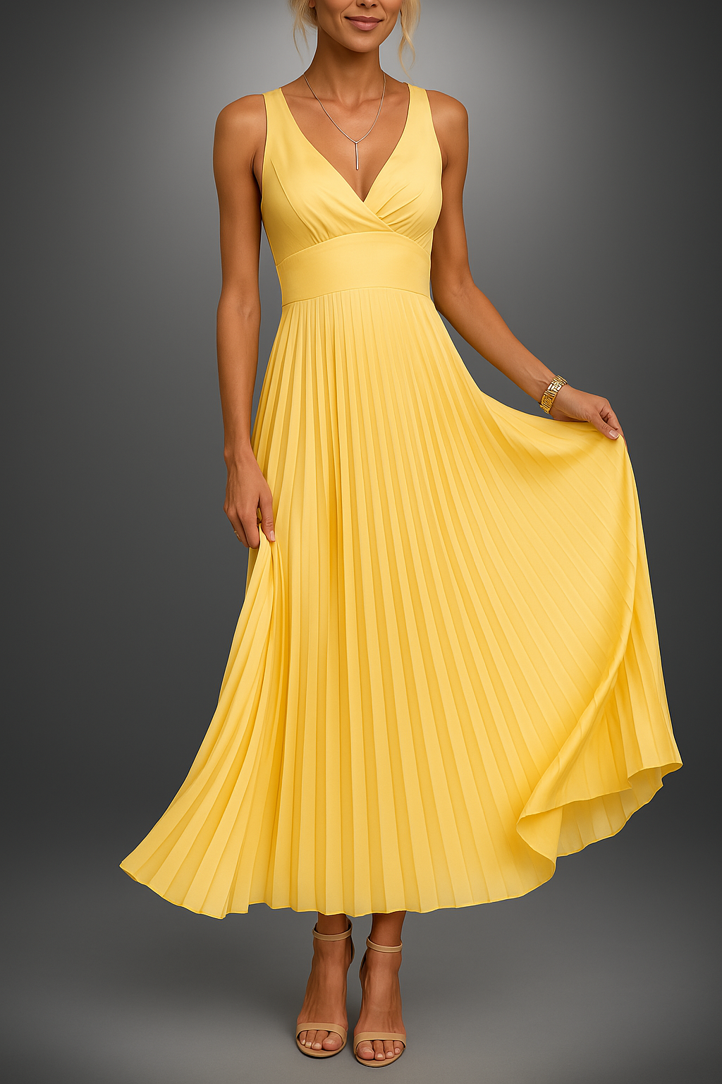 Elena – Rochie galbenă plisată cu bretele criss-cross