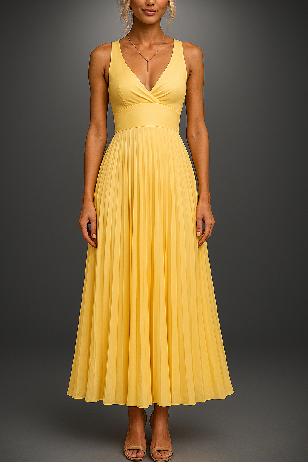 Elena – Rochie galbenă plisată cu bretele criss-cross