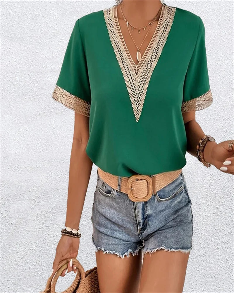 Tereza | Tricou Elegant din Dantelă cu Guler în Formă de V