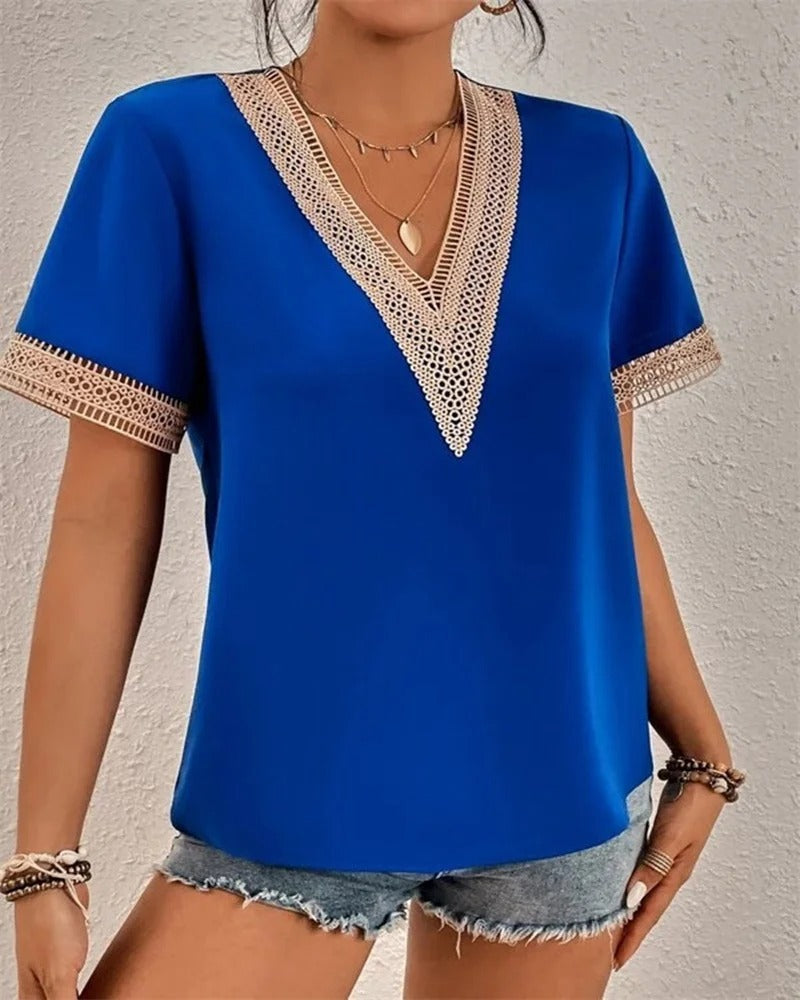 Tereza | Tricou Elegant din Dantelă cu Guler în Formă de V